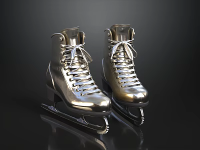 Shiny Silver Ice Skates With Laces And Reflective Blades On Black Background 3d model