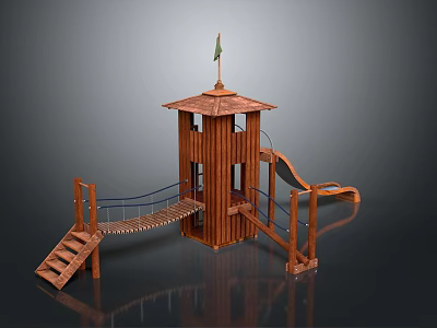 Wooden Children Playground Structure With Tower Slide Rope Bridge And Stairs 3d model