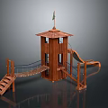 Wooden Children Playground Structure With Tower Slide Rope Bridge And Stairs
