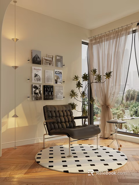 Black Leather Tufted Armchair with Metal Frame by Large Window Beige Curtains and Green Plant 3d model 