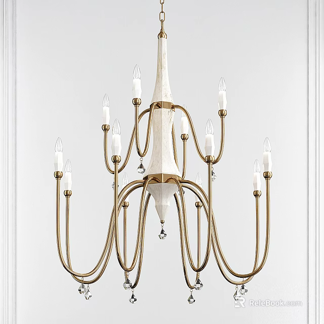 Elegant Brass Chandelier Featuring Multiple Arms And Candle Shaped Lights With White Central Accent 3d model 