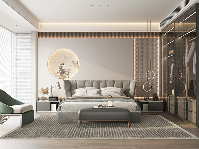 Modern Bedroom Interior With Large Bed Round Decorative Painting Wardrobe Carpet Green Chair And Nightstand 3d model