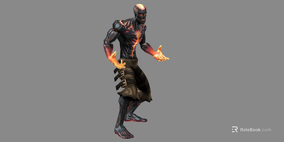 Flaming Game Movie Character With Red Patterns Black Skin And Flaming Hands In Combat Stance 3d model 