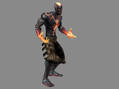 Flaming Game Movie Character With Red Patterns Black Skin And Flaming Hands In Combat Stance 3d model