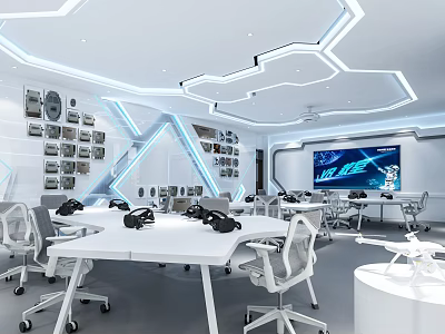 VR Technology Lab Interior With White Tables Chairs Wall Shelves And Large Screen 3d model