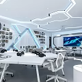 VR Technology Lab Interior With White Tables Chairs Wall Shelves And Large Screen