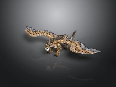 Mythical Winged Tiger Creature With Feathered Wings And Golden Fur Details 3d model