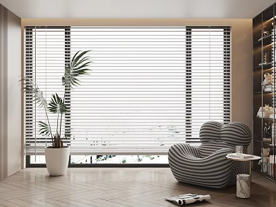 Modern Room Interior With White Window Blinds Natural Light Potted Plant And Comfortable Chair 3d model
