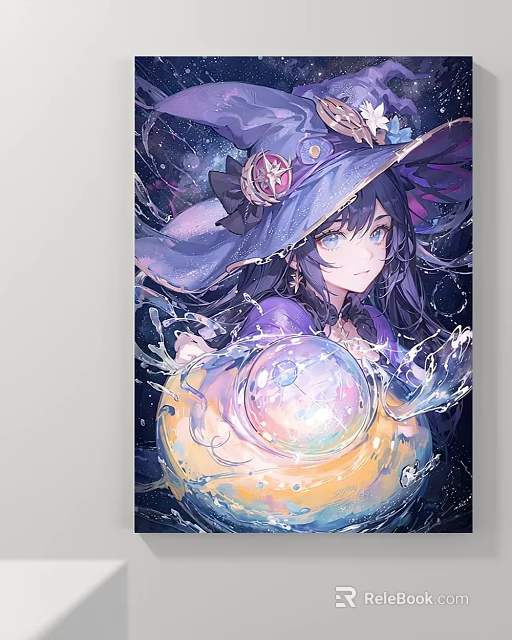 Fantasy Witch Portrait With Purple Hat Crystal Ball And Starry Water Background 3d model 