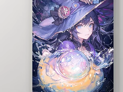 Fantasy Witch Portrait With Purple Hat Crystal Ball And Starry Water Background 3d model