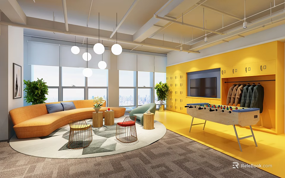 Modern Wardrobe With Hanging Clothes In Yellow Wall Leisure Office Lounge Space 3d model 