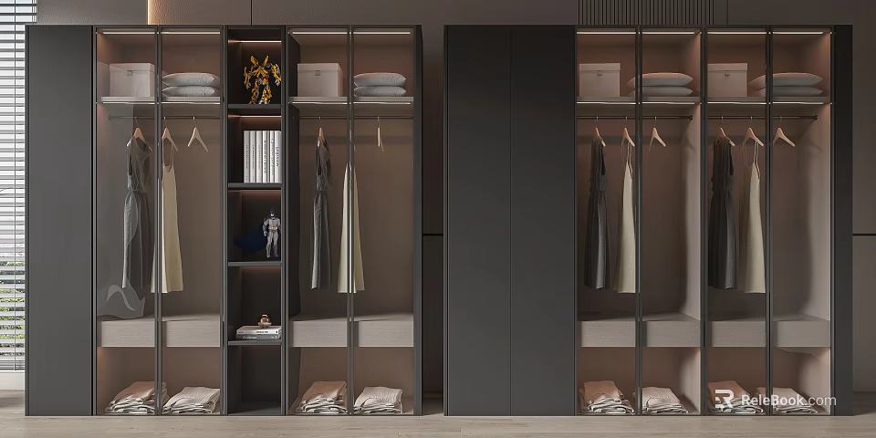 Modern Wardrobe Interior Design With Glass Doors Hanging Garments And Folded Clothes 3d model 
