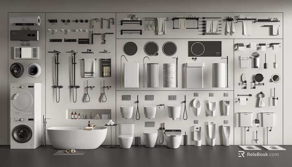 Modern Bathroom Suite With Bathtub Toilets Basins And Wall Mounted Fixtures 3d model 