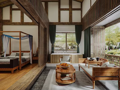 Traditional Hotel Room Interior With Canopy Bed Wooden Furniture Sofa And Coffee Table 3d model