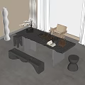 Modern Tea Table And Chairs Interior With Acrylic Legs Tea Set And Potted Plant