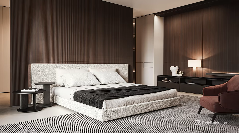 Modern Bedroom Interior Design With Plush Bed Wooden Panel Walls And Area Rug 3d model 