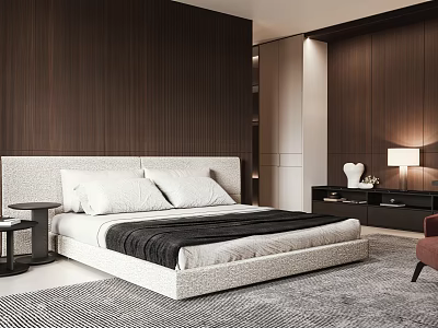 Modern Bedroom Interior Design With Plush Bed Wooden Panel Walls And Area Rug 3d model
