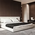Modern Bedroom Interior Design With Plush Bed Wooden Panel Walls And Area Rug