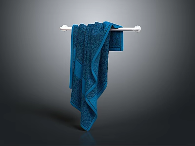 Soft Blue Bath Towel Hanging On White Wall Mounted Towel Rack 3d model