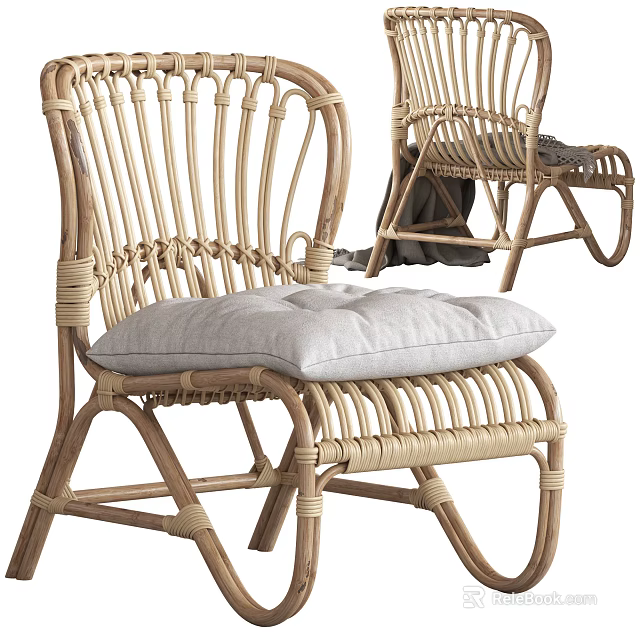 Natural Rattan Lounge Chair With Comfortable Gray Cushion And Armrest Design 3d model 