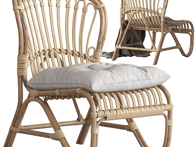 Natural Rattan Lounge Chair With Comfortable Gray Cushion And Armrest Design 3d model