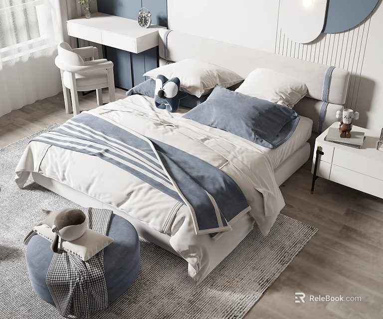 Kids Bed with Blue White Striped Quilt Pillows Bedhead Design Stuffed Toy Ottoman in Bedroom 3d model 