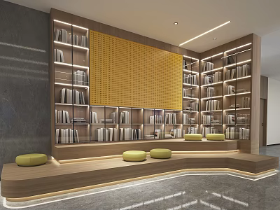 Modern Book Art Interior Design With Wooden Bookshelves Yellow Wall And Green Cushions 3d model