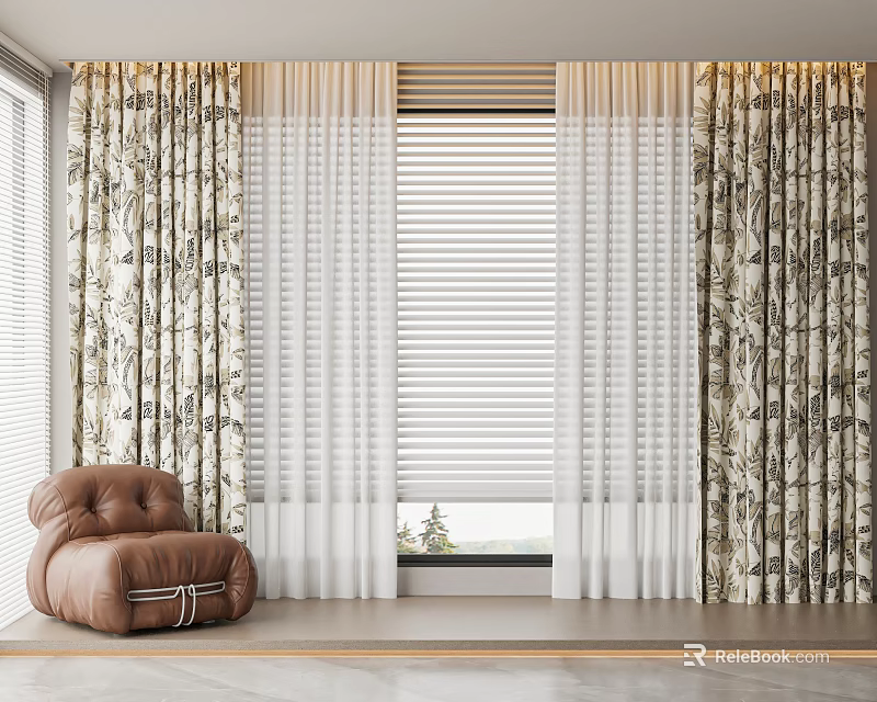 Floral Patterned Curtains With Sheer Panels And Blinds By Window With Brown Leather Armchair 3d model 