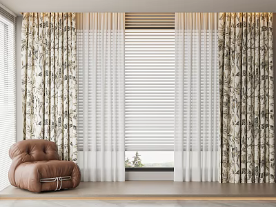 Floral Patterned Curtains With Sheer Panels And Blinds By Window With Brown Leather Armchair 3d model