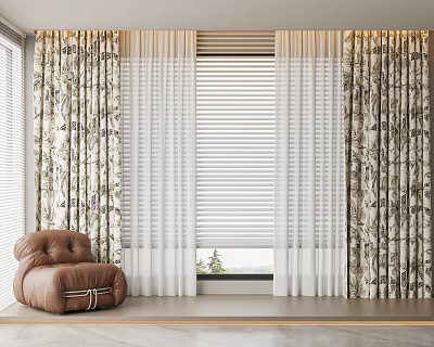 Floral Patterned Curtains With Sheer Panels And Blinds By Window With Brown Leather Armchair 3d model
