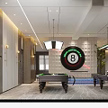 Modern Billiard Room With Green Felt Tables Pendant Lights 8 Ball Sign And Potted Plants