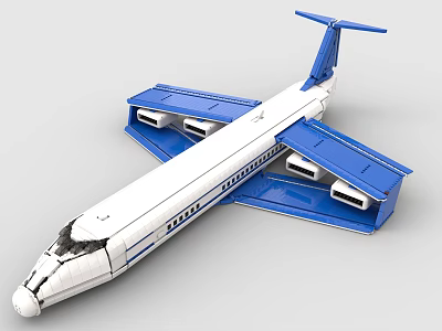 Blue and White Building Blocks Airplane Model With Detailed Wings Fuselage and Tail 3d model