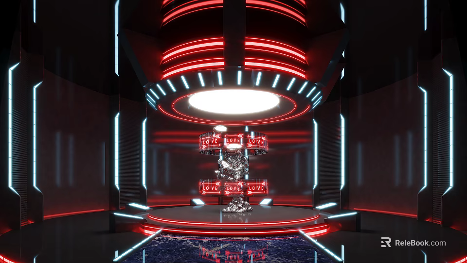Futuristic Tech Scene With Red Blue Neon Lights Circular Top Light And Reflective Floor 3d model 