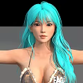 Woman with Turquoise Hair Wearing Metallic Bikini Arms Outstretched Against Gray Background