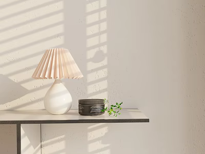 Pleated Shade White Table Lamp Ceramic Base on Minimalist Tabletop with Natural Light Sunlight Shadows 3d model