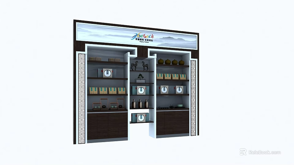 Traditional Chinese Display Cabinets and Shelves with Landscape Patterns Carvings for Tea Sets Ceramic Jars 3d model 