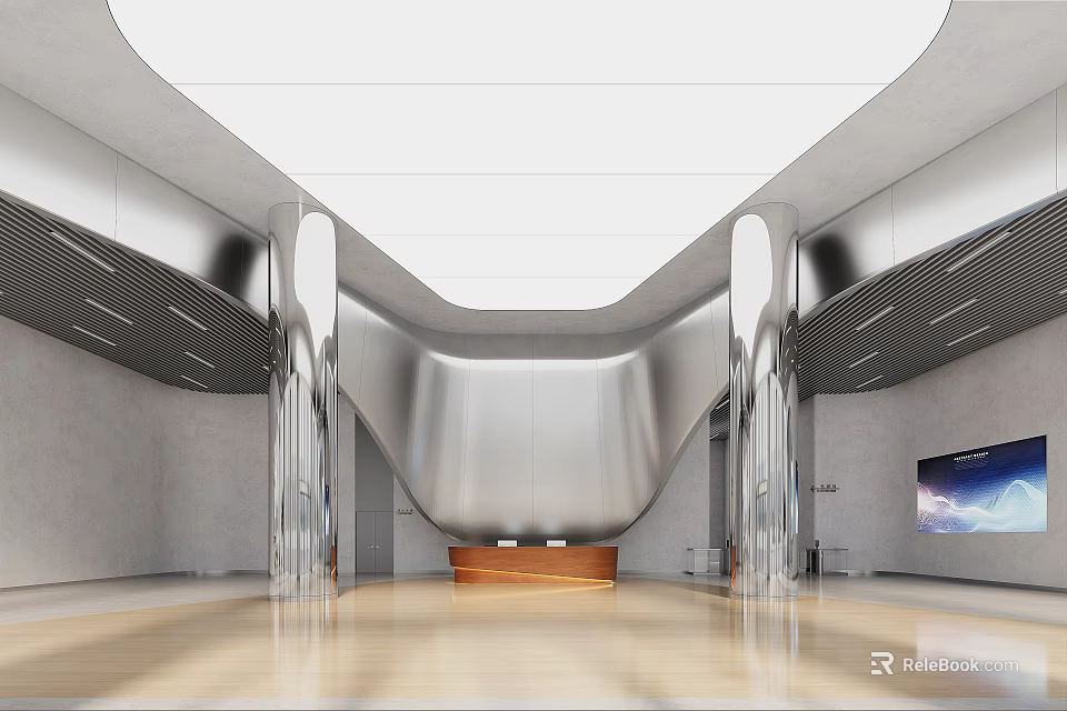 Modern Reception Area Design With Wooden Desk Silver Pillars And Curved Walls 3d model 