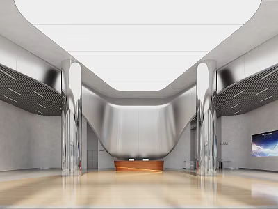 Modern Reception Area Design With Wooden Desk Silver Pillars And Curved Walls 3d model