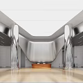 Modern Reception Area Design With Wooden Desk Silver Pillars And Curved Walls