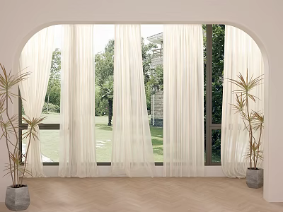 Sheer White Curtains For Arched Window With Outdoor Trees And Indoor Plants 3d model