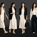 Four Women Showcasing Stylish White Dresses Blazers And Pants On Black Background