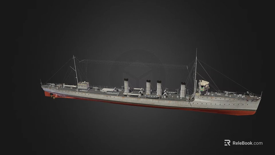 Detailed Warship Scale Model With Three Smoke Stacks Red Bottom Grey Hull And Mast Details 3d model 