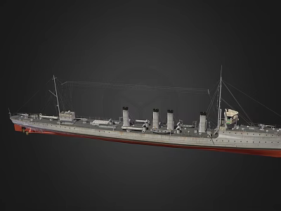 Detailed Warship Scale Model With Three Smoke Stacks Red Bottom Grey Hull And Mast Details 3d model