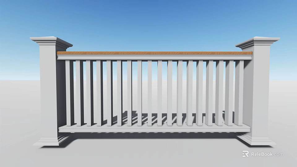 Sturdy White Balcony Railing With Wooden Top And Vertical Slats Design 3d model 