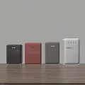 Four Stylish Different Colored Refrigerators Against Wall On Wooden Floor