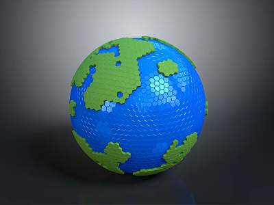 Blue Globe Featuring Green Continents And Hexagonal Surface Texture 3d model