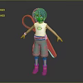 Game Movie Character With Teal Hair White T Shirt Red Belt And Large Red Scissors