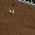 Herringbone Pattern Brown Wooden Flooring With Natural Light Green View And Decorative Vases