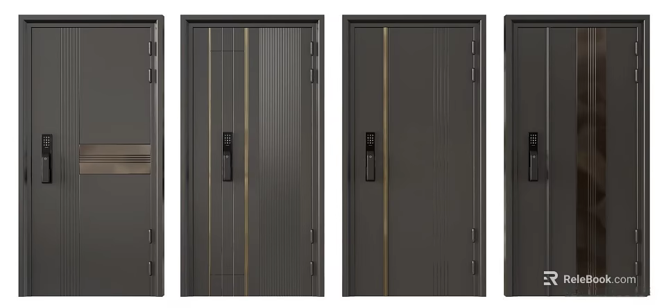 Modern Dark Gray Security Doors With Vertical Stripes And Metal Accents And Black Handles 3d model 