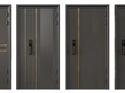 Modern Dark Gray Security Doors With Vertical Stripes And Metal Accents And Black Handles 3d model